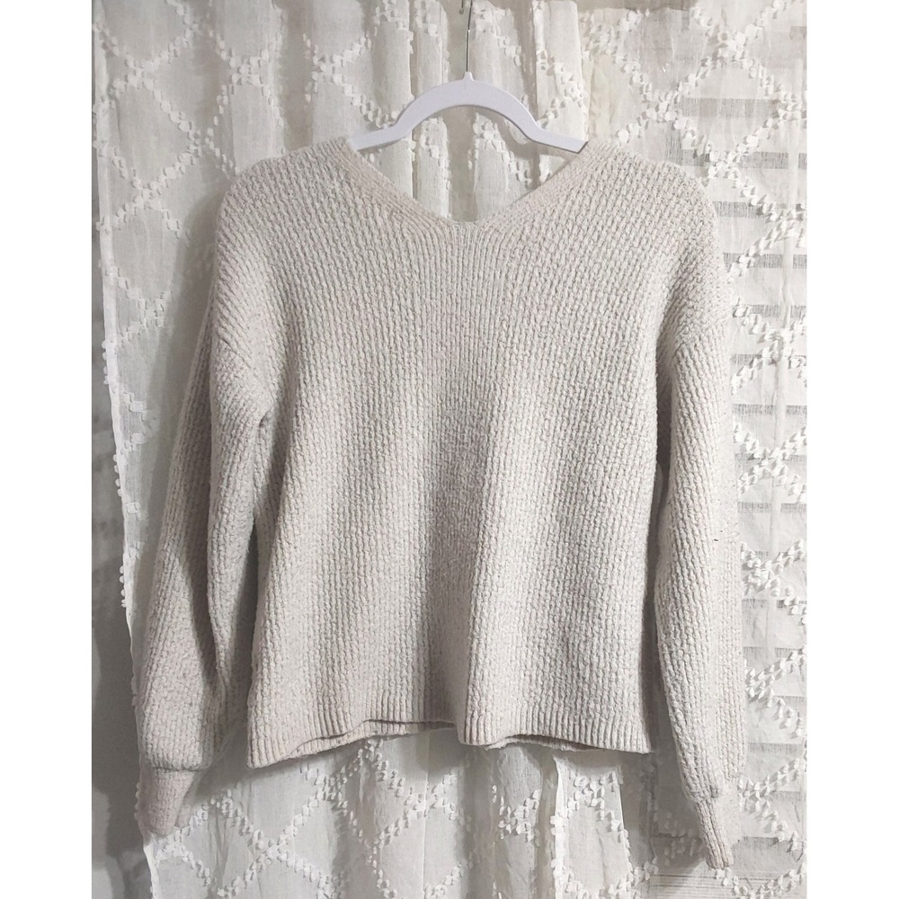 Womens Cream V-Neck Textured Knit Pullover‎ Sweater Long Sleeve